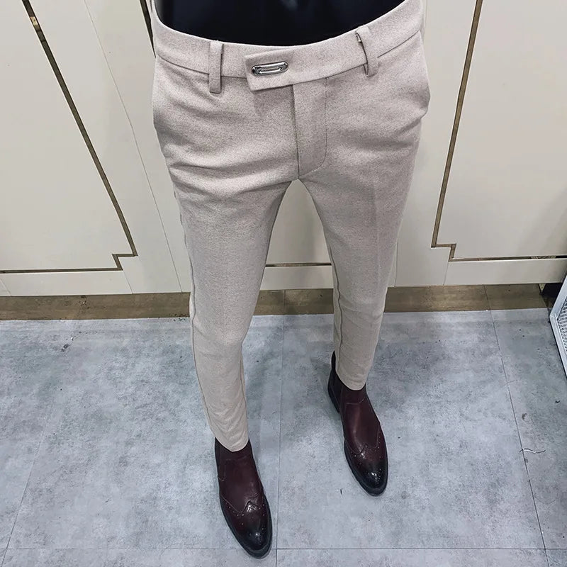 Men's Slim Fit Woolen Suit Pants – Thickened Tweed Trousers for Office & Smart Casual