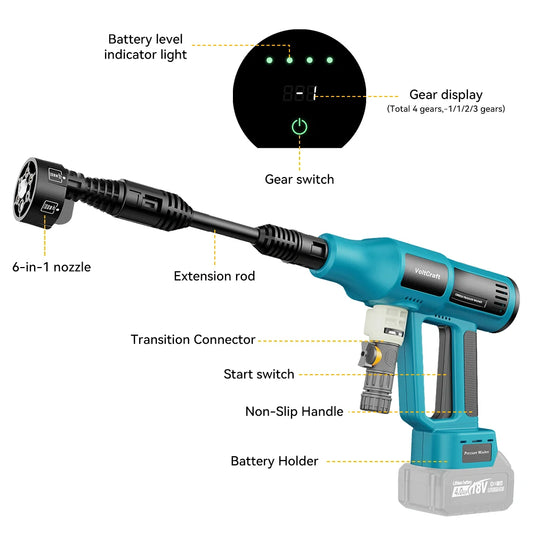 250Bar Cordless Electric Pressure Washer – Brushless 6-in-1 Car Wash Gun for Makita 18V