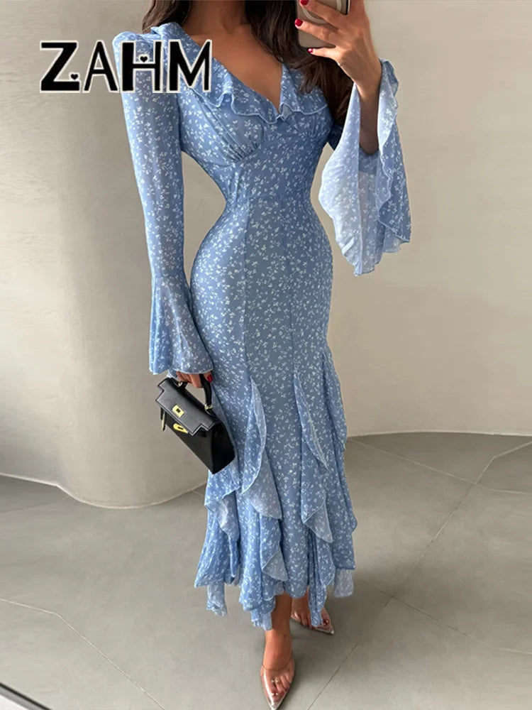 Chic Printed Flare Sleeve Women's Dress – V-Neck Slim Vacation Maxi Robe (Spring 2026)
