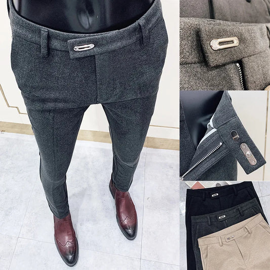Men's Slim Fit Woolen Suit Pants – Thickened Tweed Trousers for Office & Smart Casual
