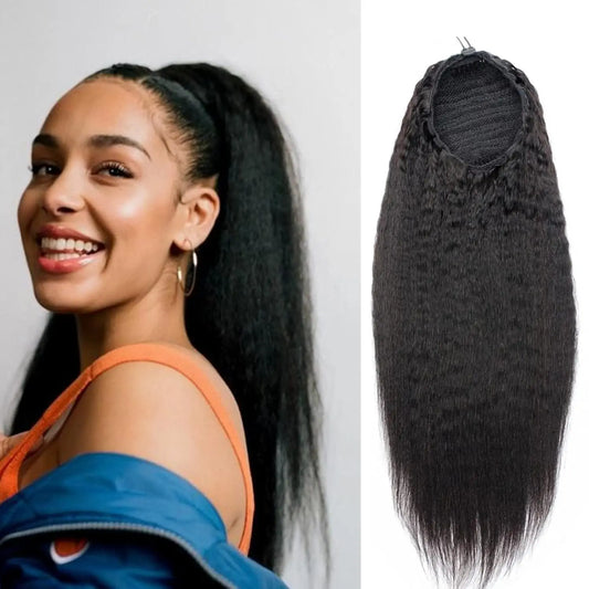 Kinky Straight Ponytail Human Hair Extension 100% Real Human Hair Wrap Around Drawstring In Ponytail Natural Black #1B For Women