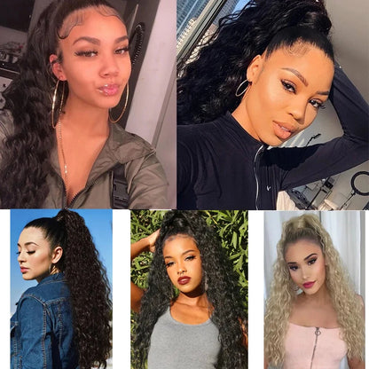 22Inch Synthetic Long Kinky Curly Ponytail Hair Extension Drawstring Wrapped Clip in Hair Black Hairpiecefor Women