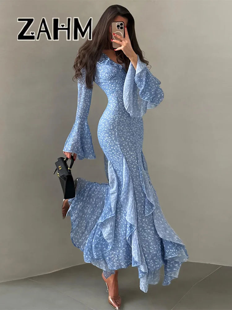 Chic Printed Flare Sleeve Women's Dress – V-Neck Slim Vacation Maxi Robe (Spring 2026)