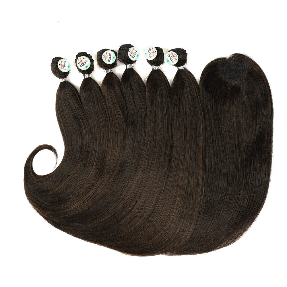 Synthetic Straight Hair Tail Curl Black 16 18 20‘’ 6 Bundles With Closure High Temperature Fiber Weave Hair Extensions For Women