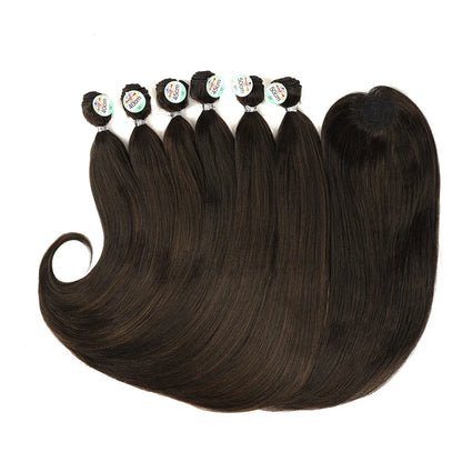 Synthetic Straight Hair Tail Curl Black 16 18 20‘’ 6 Bundles With Closure High Temperature Fiber Weave Hair Extensions For Women