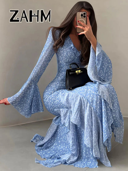 Chic Printed Flare Sleeve Women's Dress – V-Neck Slim Vacation Maxi Robe (Spring 2026)