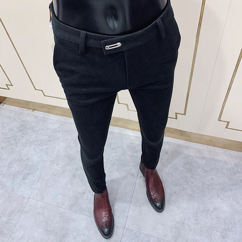 Men's Slim Fit Woolen Suit Pants – Thickened Tweed Trousers for Office & Smart Casual
