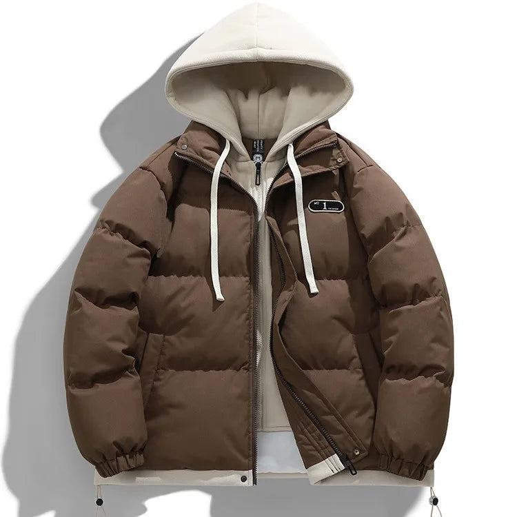 Men's Fake Two-Piece Hooded Puffer Jacket – Thick Winter Warm Streetwear Coat