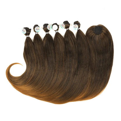 Synthetic Straight Hair Tail Curl Black 16 18 20‘’ 6 Bundles With Closure High Temperature Fiber Weave Hair Extensions For Women