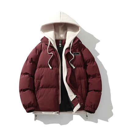 Men's Fake Two-Piece Hooded Puffer Jacket – Thick Winter Warm Streetwear Coat