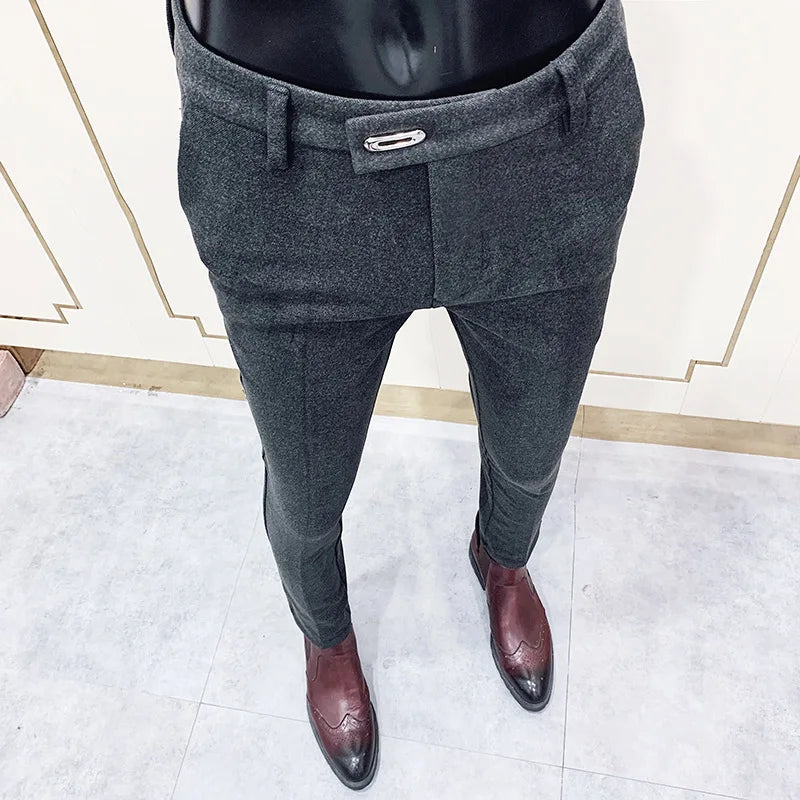 Men's Slim Fit Woolen Suit Pants – Thickened Tweed Trousers for Office & Smart Casual