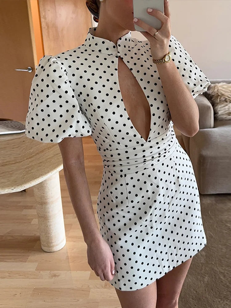 Elegant Polka Dot Mini Dress – Short Sleeve Hollow Out Beach Holiday Dress (Spring 2026)