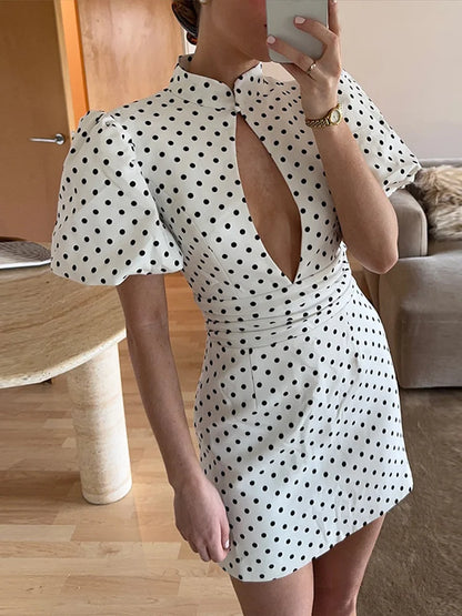 Elegant Polka Dot Mini Dress – Short Sleeve Hollow Out Beach Holiday Dress (Spring 2026)