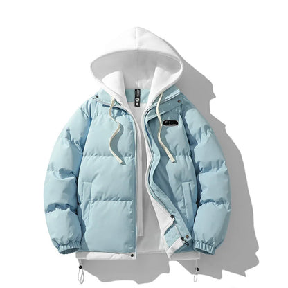 Men's Fake Two-Piece Hooded Puffer Jacket – Thick Winter Warm Streetwear Coat