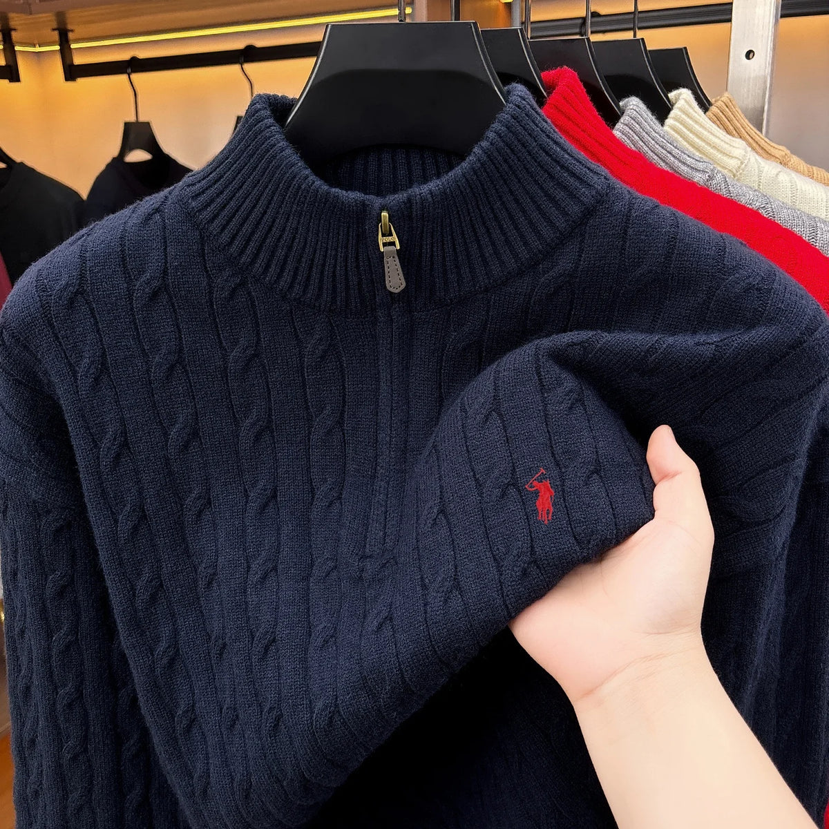 Men's Half-Zip Knit Pullover – Jacquard Embroidery Sweater for Autumn & Winter