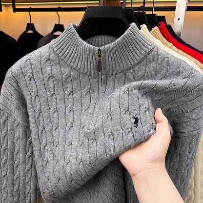 Men's Half-Zip Knit Pullover – Jacquard Embroidery Sweater for Autumn & Winter