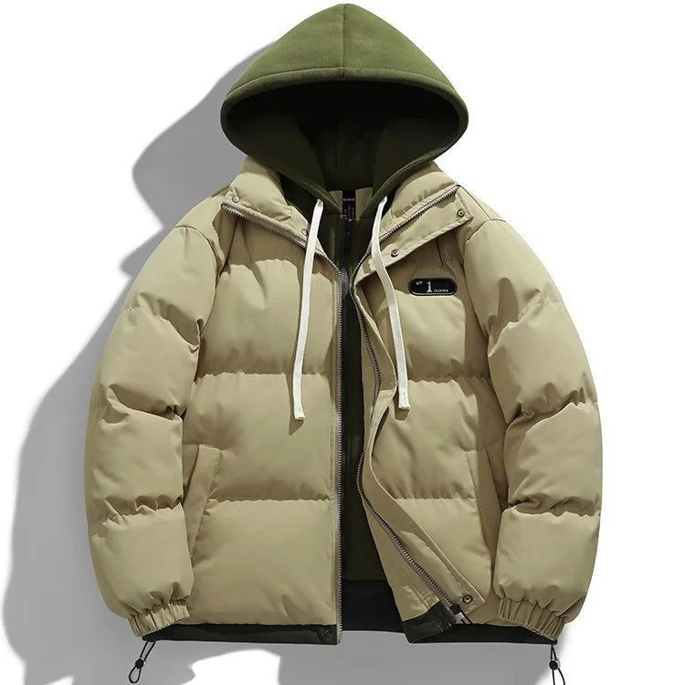 Men's Fake Two-Piece Hooded Puffer Jacket – Thick Winter Warm Streetwear Coat