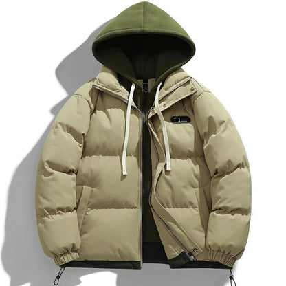 Men's Fake Two-Piece Hooded Puffer Jacket – Thick Winter Warm Streetwear Coat
