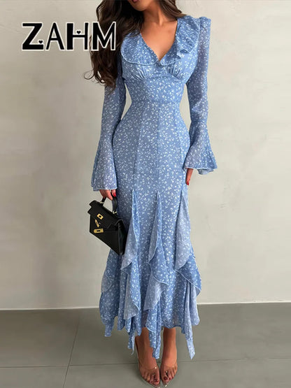 Chic Printed Flare Sleeve Women's Dress – V-Neck Slim Vacation Maxi Robe (Spring 2026)
