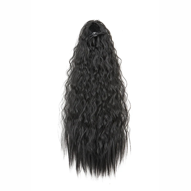 22Inch Synthetic Long Kinky Curly Ponytail Hair Extension Drawstring Wrapped Clip in Hair Black Hairpiecefor Women