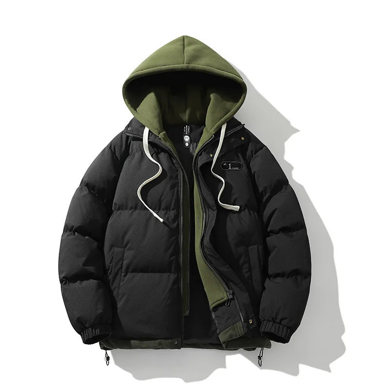 Men's Fake Two-Piece Hooded Puffer Jacket – Thick Winter Warm Streetwear Coat