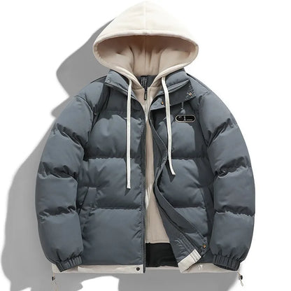 Men's Fake Two-Piece Hooded Puffer Jacket – Thick Winter Warm Streetwear Coat
