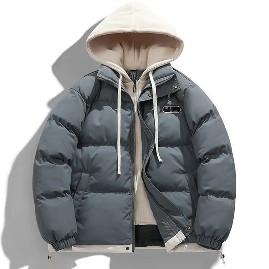Men's Fake Two-Piece Hooded Puffer Jacket – Thick Winter Warm Streetwear Coat