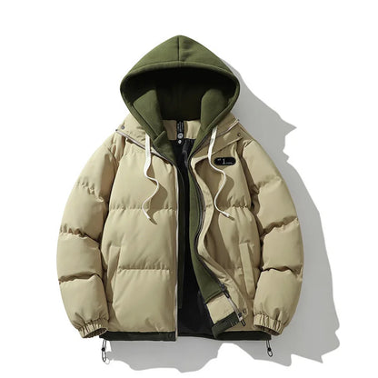 Men's Fake Two-Piece Hooded Puffer Jacket – Thick Winter Warm Streetwear Coat