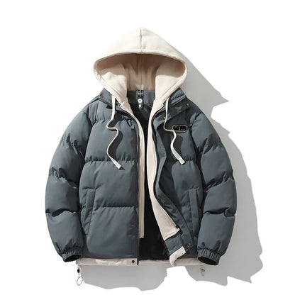 Men's Fake Two-Piece Hooded Puffer Jacket – Thick Winter Warm Streetwear Coat