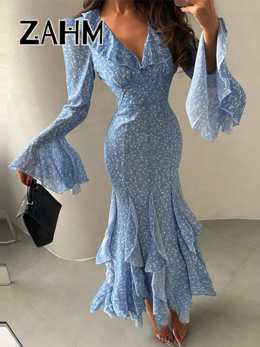 Chic Printed Flare Sleeve Women's Dress – V-Neck Slim Vacation Maxi Robe (Spring 2026)