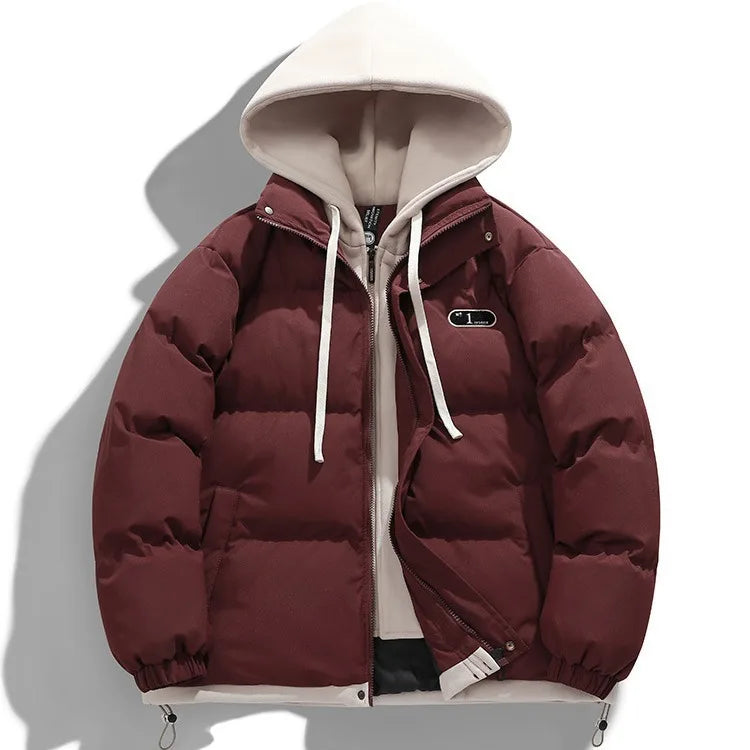 Men's Fake Two-Piece Hooded Puffer Jacket – Thick Winter Warm Streetwear Coat