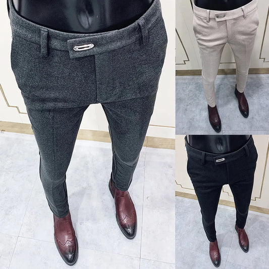 Men's Slim Fit Woolen Suit Pants – Thickened Tweed Trousers for Office & Smart Casual