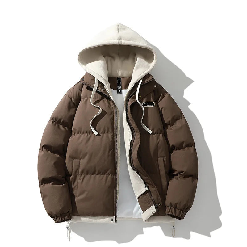 Men's Fake Two-Piece Hooded Puffer Jacket – Thick Winter Warm Streetwear Coat