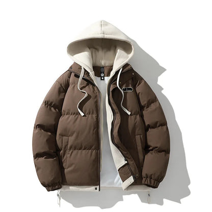 Men's Fake Two-Piece Hooded Puffer Jacket – Thick Winter Warm Streetwear Coat