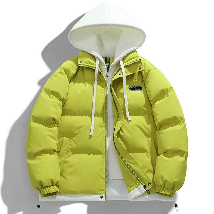 Men's Fake Two-Piece Hooded Puffer Jacket – Thick Winter Warm Streetwear Coat