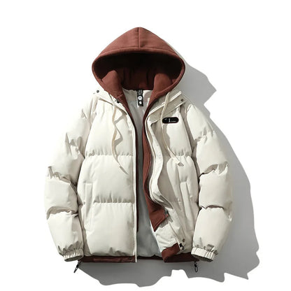 Men's Fake Two-Piece Hooded Puffer Jacket – Thick Winter Warm Streetwear Coat