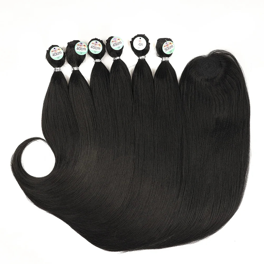 Synthetic Straight Hair Tail Curl Black 16 18 20‘’ 6 Bundles With Closure High Temperature Fiber Weave Hair Extensions For Women