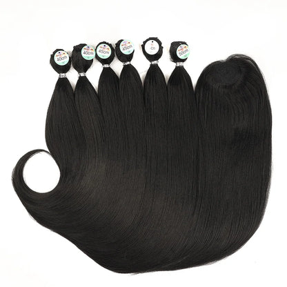 Synthetic Straight Hair Tail Curl Black 16 18 20‘’ 6 Bundles With Closure High Temperature Fiber Weave Hair Extensions For Women