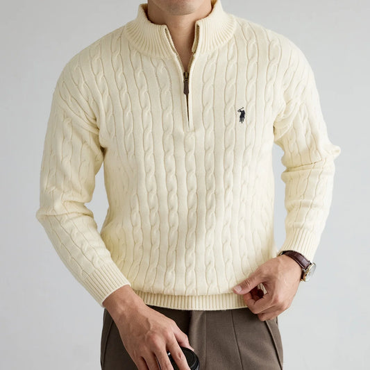 Men's Half-Zip Knit Pullover – Jacquard Embroidery Sweater for Autumn & Winter