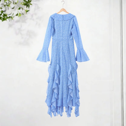 Chic Printed Flare Sleeve Women's Dress – V-Neck Slim Vacation Maxi Robe (Spring 2026)
