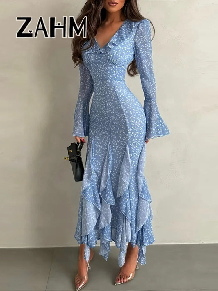 Chic Printed Flare Sleeve Women's Dress – V-Neck Slim Vacation Maxi Robe (Spring 2026)