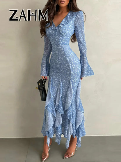 Chic Printed Flare Sleeve Women's Dress – V-Neck Slim Vacation Maxi Robe (Spring 2026)
