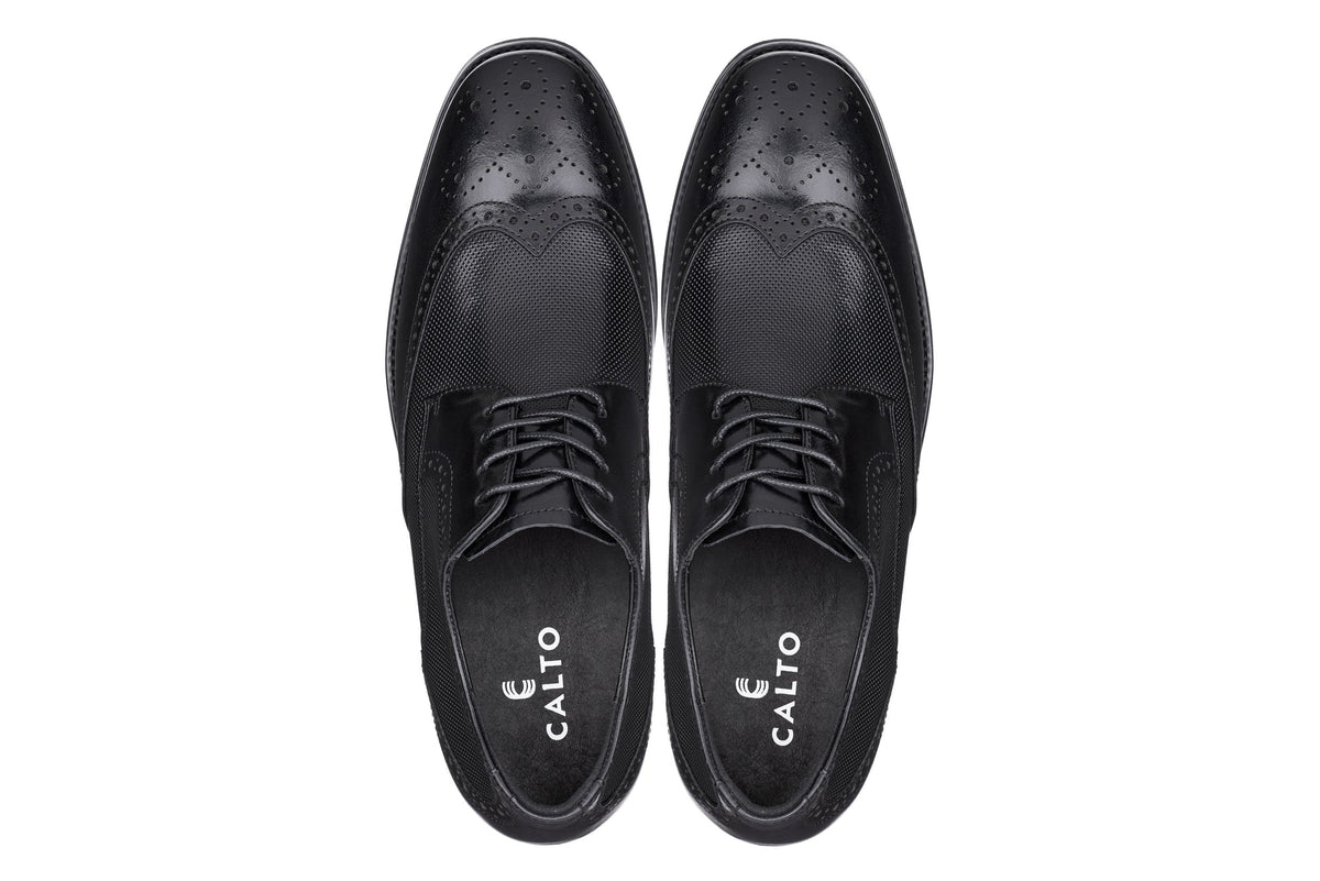 CALTO - Y10655 - 2.8 Inches Taller (Black) - Wingtip Oxford Dress Shoe